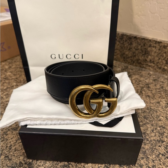 Gucci Accessories - Gucci Black Leather Belt with Antique Gold Double G Buckle